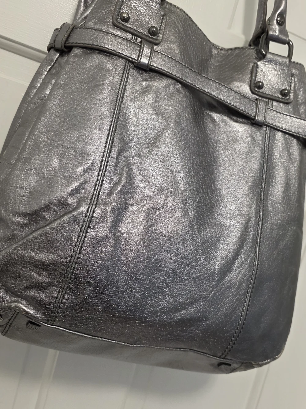 Elliott Lucca Silver Metallic Woven Front Leather Shoulder Bag, Stylish, Unique